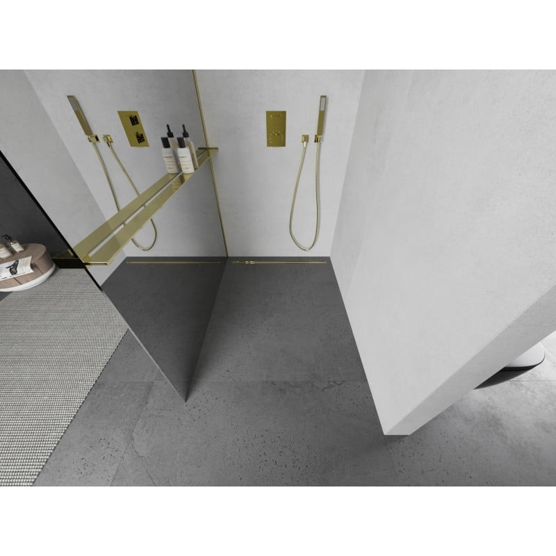 Mexen Kioto+ L ścianka prysznicowa z półką Walk-in 80 x 200 cm, lustro, złota - 800-080-123-50-50