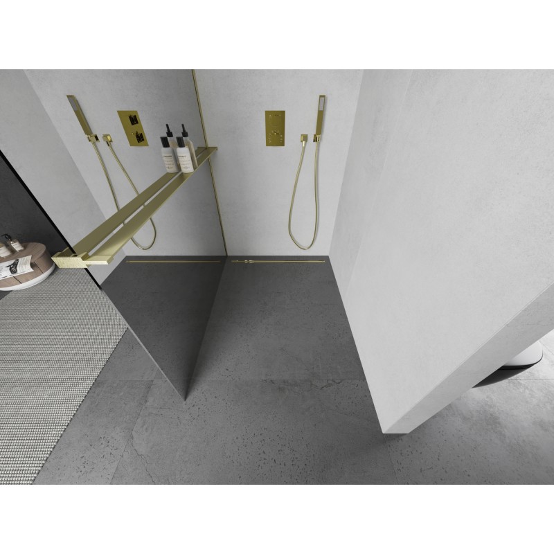 Mexen Kioto+ L ścianka prysznicowa z półką Walk-in 110 x 200 cm, lustro, złota szczotkowana - 800-110-123-55-50