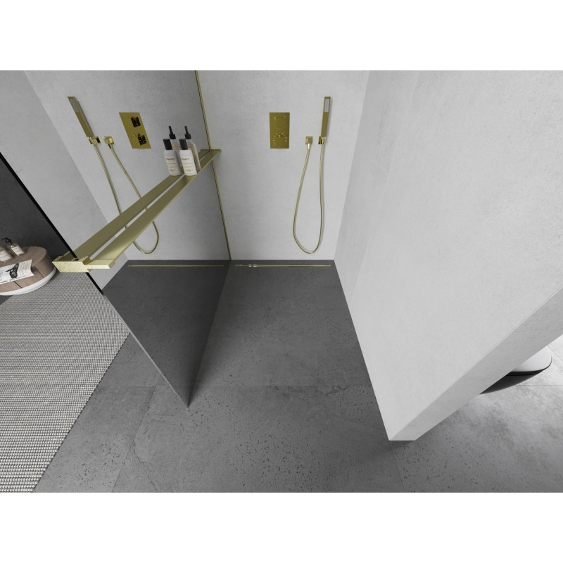 Mexen Kioto+ L ścianka prysznicowa z półką Walk-in 120 x 200 cm, lustro, złota szczotkowana - 800-120-123-55-50