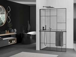 Mexen Kioto+ L ścianka prysznicowa z półką Walk-in 90 x 200 cm, czarny wzór, czarna - 800-090-123-70-78