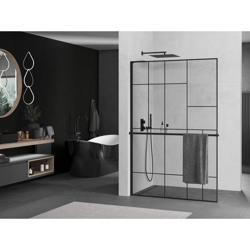 Mexen Kioto+ L ścianka prysznicowa z półką Walk-in 100 x 200 cm, czarny wzór, czarna - 800-100-123-70-78