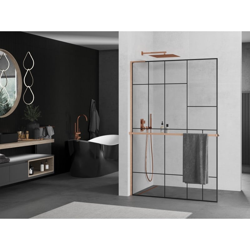 Mexen Kioto+ L ścianka prysznicowa z półką Walk-in 70 x 200 cm, czarny wzór, miedź szczotkowana - 800-070-123-65-78