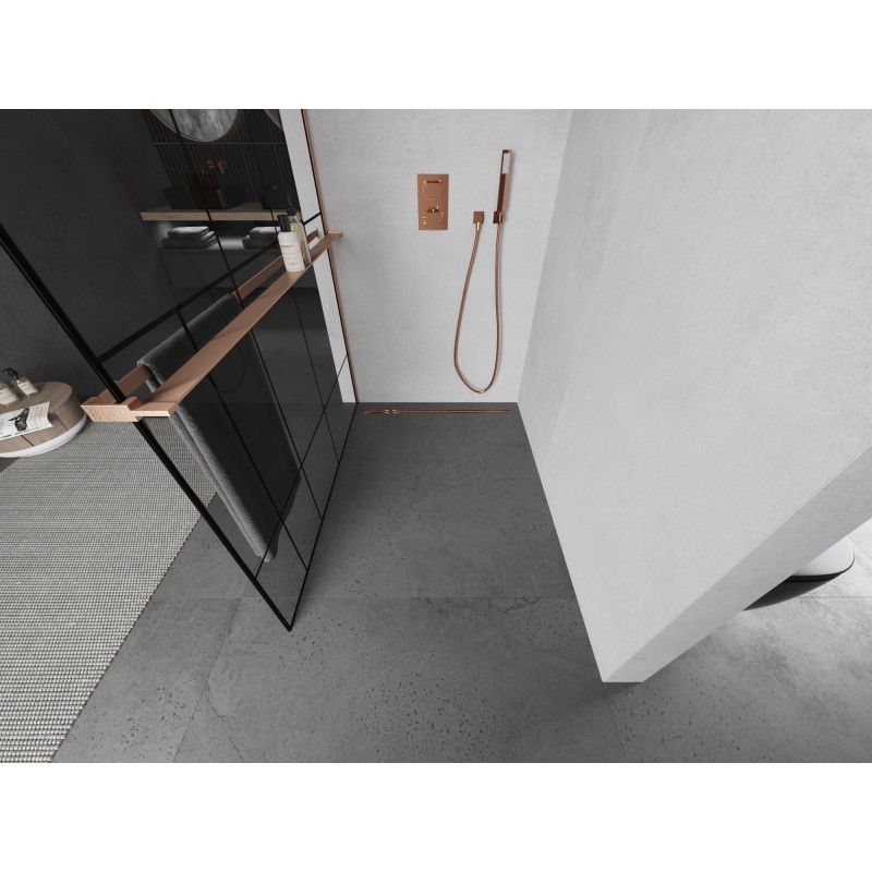 Mexen Kioto+ L ścianka prysznicowa z półką Walk-in 80 x 200 cm, czarny wzór, miedź szczotkowana - 800-080-123-65-78