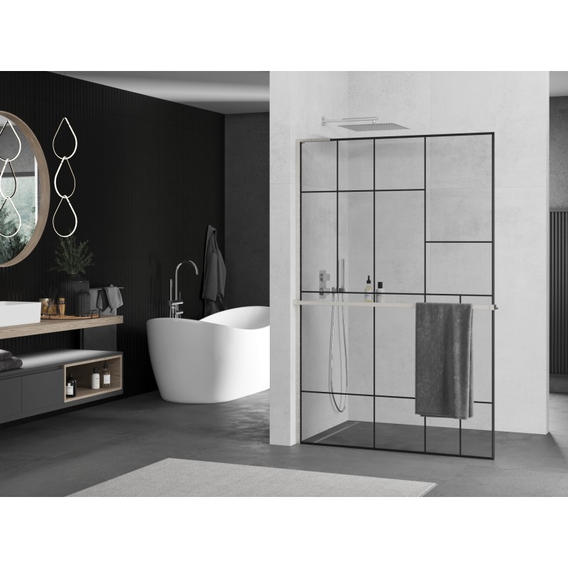 Mexen Kioto+ L ścianka prysznicowa z półką Walk-in 80 x 200 cm, czarny wzór, nikiel szczotkowany - 800-080-123-97-78