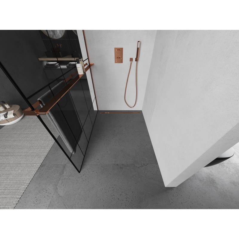 Mexen Kioto+ L ścianka prysznicowa z półką Walk-in 110 x 200 cm, czarny wzór, różowe złoto - 800-110-123-60-78