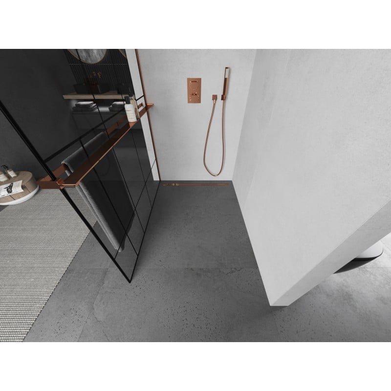 Mexen Kioto+ L ścianka prysznicowa z półką Walk-in 120 x 200 cm, czarny wzór, różowe złoto - 800-120-123-60-78