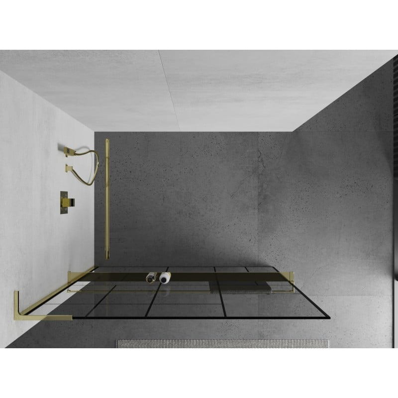 Mexen Kioto+ L ścianka prysznicowa z półką Walk-in 100 x 200 cm, czarny wzór, złota - 800-100-123-50-78