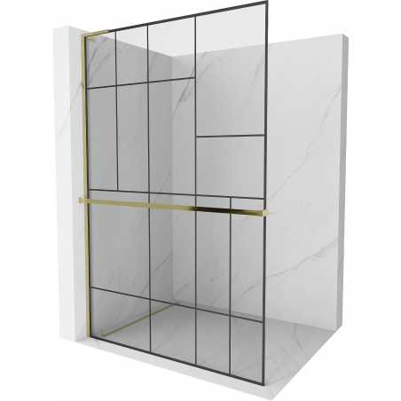 Mexen Kioto+ L ścianka prysznicowa z półką Walk-in 120 x 200 cm, czarny wzór, złota - 800-120-123-50-78