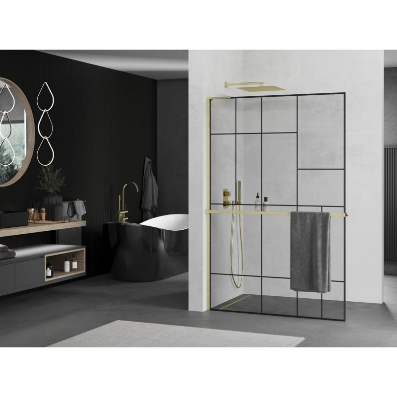 Mexen Kioto+ L ścianka prysznicowa z półką Walk-in 70 x 200 cm, czarny wzór, złota szczotkowana - 800-070-123-55-78