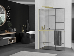 Mexen Kioto+ L ścianka prysznicowa z półką Walk-in 100 x 200 cm, czarny wzór, złota szczotkowana - 800-100-123-55-78