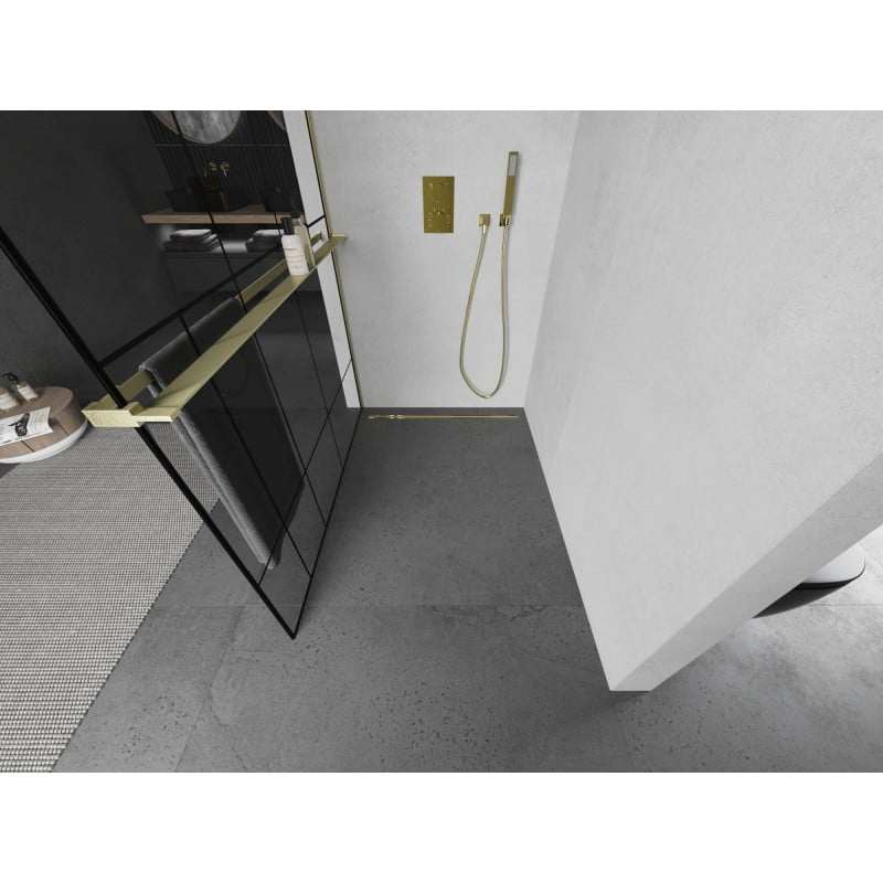 Mexen Kioto+ L ścianka prysznicowa z półką Walk-in 110 x 200 cm, czarny wzór, złota szczotkowana - 800-110-123-55-78