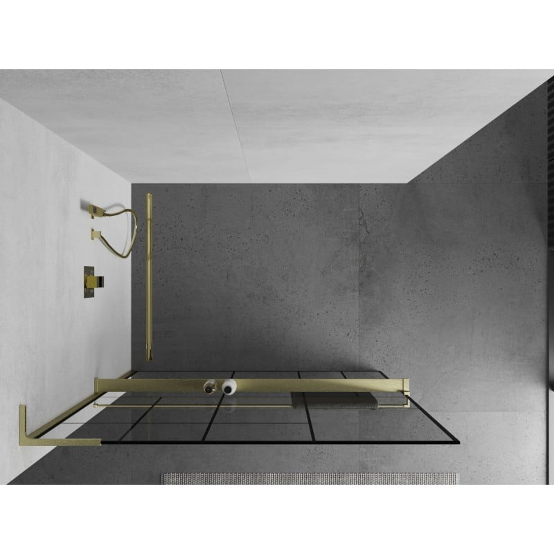 Mexen Kioto+ L ścianka prysznicowa z półką Walk-in 120 x 200 cm, czarny wzór, złota szczotkowana - 800-120-123-55-78