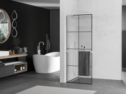 Mexen Kioto+ L ścianka prysznicowa z półką Walk-in 90 x 200 cm, czarna kratka, biała - 800-090-123-20-77