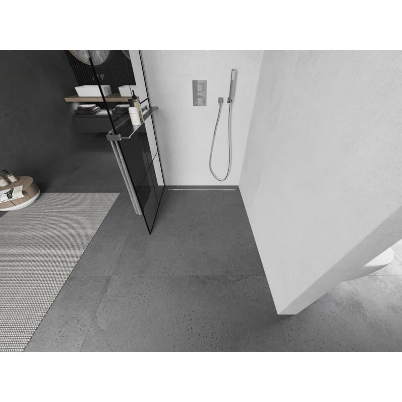Mexen Kioto+ L ścianka prysznicowa z półką Walk-in 70 x 200 cm, czarna kratka, chrom - 800-070-123-01-77