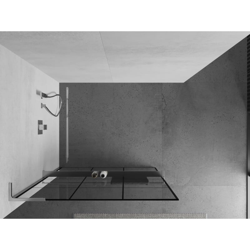 Mexen Kioto+ L ścianka prysznicowa z półką Walk-in 100 x 200 cm, czarna kratka, chrom - 800-100-123-01-77