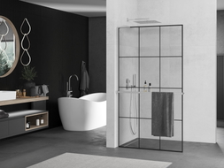 Mexen Kioto+ L ścianka prysznicowa z półką Walk-in 100 x 200 cm, czarna kratka, chrom - 800-100-123-01-77