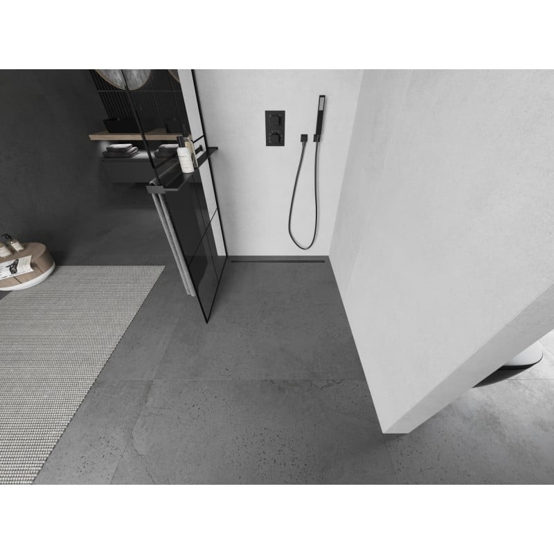 Mexen Kioto+ L ścianka prysznicowa z półką Walk-in 70 x 200 cm, czarna kratka, czarna - 800-070-123-70-77
