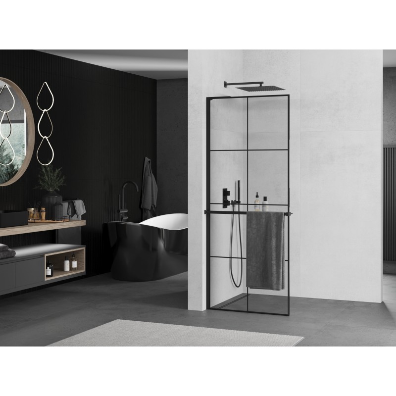 Mexen Kioto+ L ścianka prysznicowa z półką Walk-in 80 x 200 cm, czarna kratka, czarna - 800-080-123-70-77