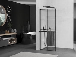 Mexen Kioto+ L ścianka prysznicowa z półką Walk-in 90 x 200 cm, czarna kratka, czarna - 800-090-123-70-77