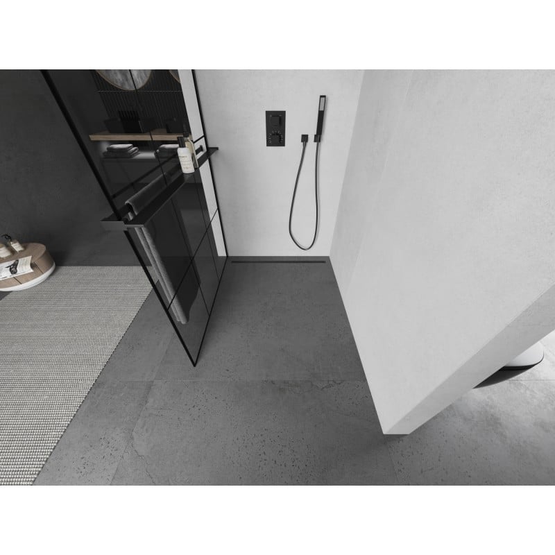 Mexen Kioto+ L ścianka prysznicowa z półką Walk-in 100 x 200 cm, czarna kratka, czarna - 800-100-123-70-77