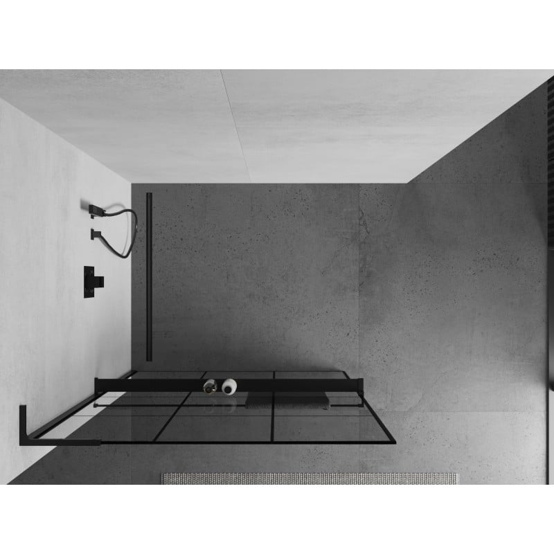 Mexen Kioto+ L ścianka prysznicowa z półką Walk-in 120 x 200 cm, czarna kratka, czarna - 800-120-123-70-77
