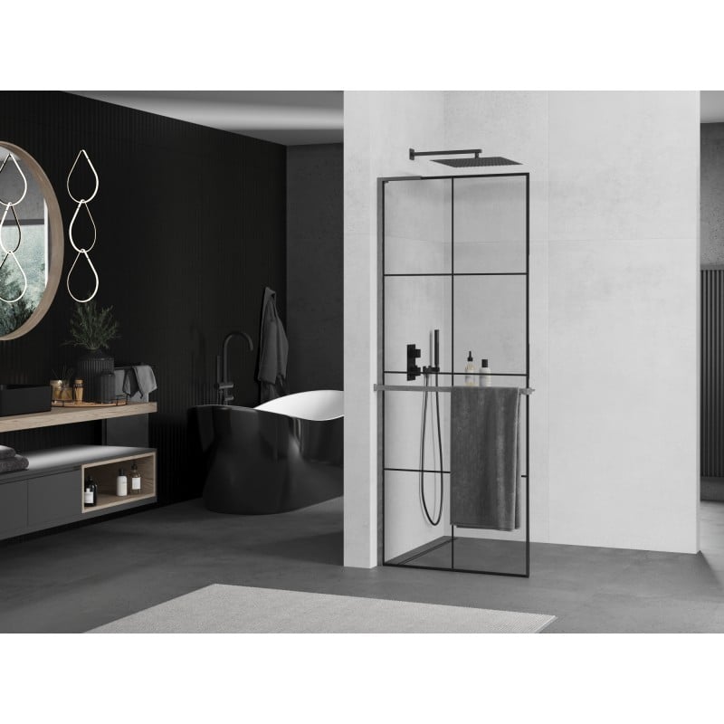 Mexen Kioto+ L ścianka prysznicowa z półką Walk-in 80 x 200 cm, czarna kratka, gun gray szczotkowany - 800-080-123-66-77