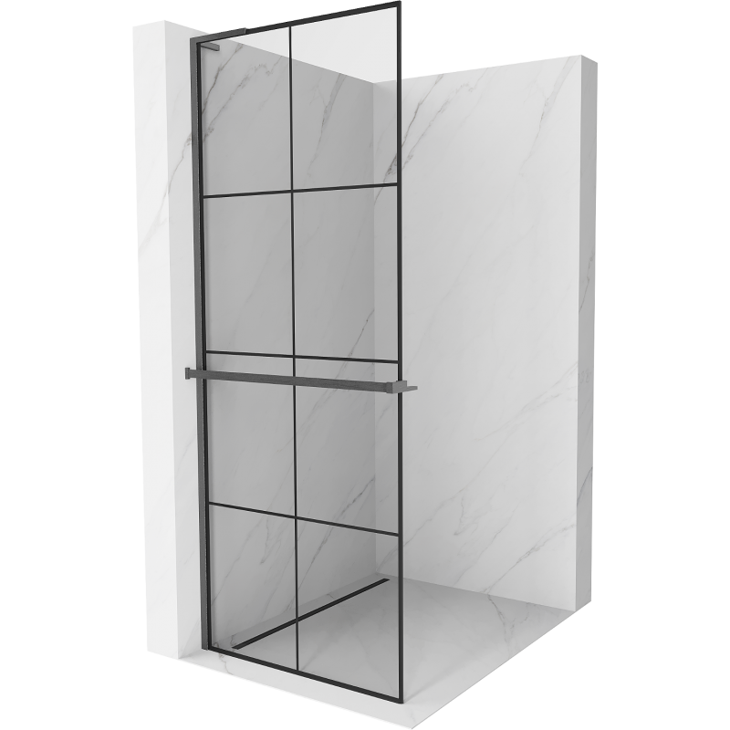 Mexen Kioto+ L ścianka prysznicowa z półką Walk-in 80 x 200 cm, czarna kratka, gun gray szczotkowany - 800-080-123-66-77