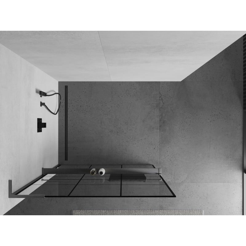 Mexen Kioto+ L ścianka prysznicowa z półką Walk-in 120 x 200 cm, czarna kratka, gun gray szczotkowany - 800-120-123-66-77