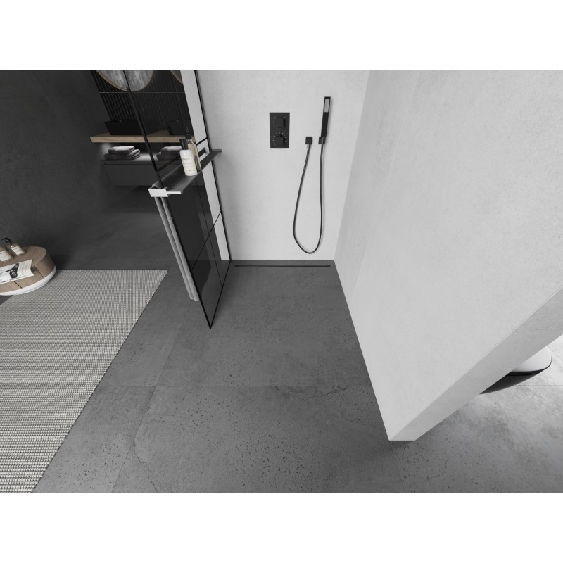 Mexen Kioto+ L ścianka prysznicowa z półką Walk-in 70 x 200 cm, czarna kratka, gun metal - 800-070-123-95-77