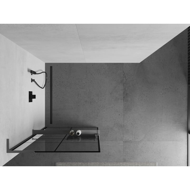 Mexen Kioto+ L ścianka prysznicowa z półką Walk-in 70 x 200 cm, czarna kratka, gun metal - 800-070-123-95-77