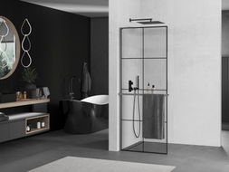 Mexen Kioto+ L ścianka prysznicowa z półką Walk-in 90 x 200 cm, czarna kratka, gun metal - 800-090-123-95-77