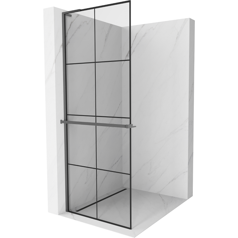 Mexen Kioto+ L ścianka prysznicowa z półką Walk-in 90 x 200 cm, czarna kratka, gun metal - 800-090-123-95-77