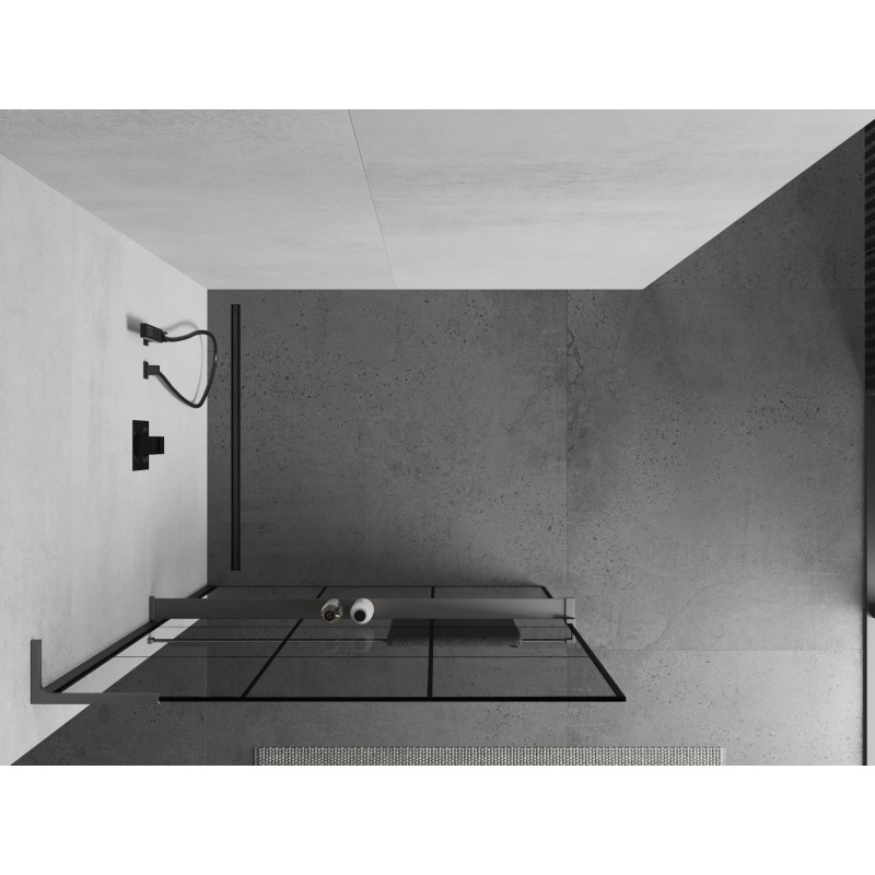 Mexen Kioto+ L ścianka prysznicowa z półką Walk-in 110 x 200 cm, czarna kratka, gun metal - 800-110-123-95-77