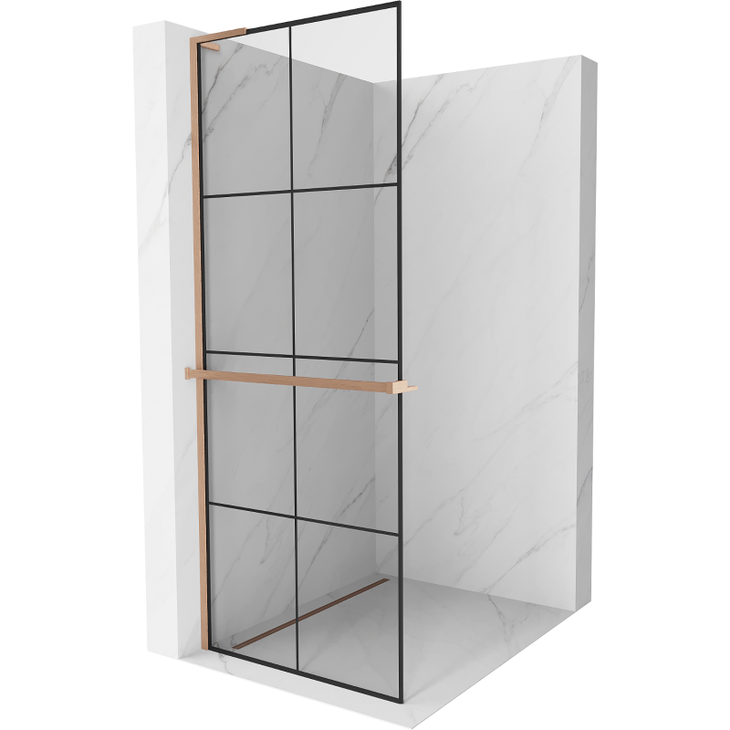Mexen Kioto+ L ścianka prysznicowa z półką Walk-in 80 x 200 cm, czarna kratka, miedź szczotkowana - 800-080-123-65-77