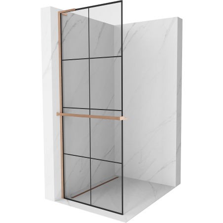 Mexen Kioto+ L ścianka prysznicowa z półką Walk-in 80 x 200 cm, czarna kratka, miedź szczotkowana - 800-080-123-65-77