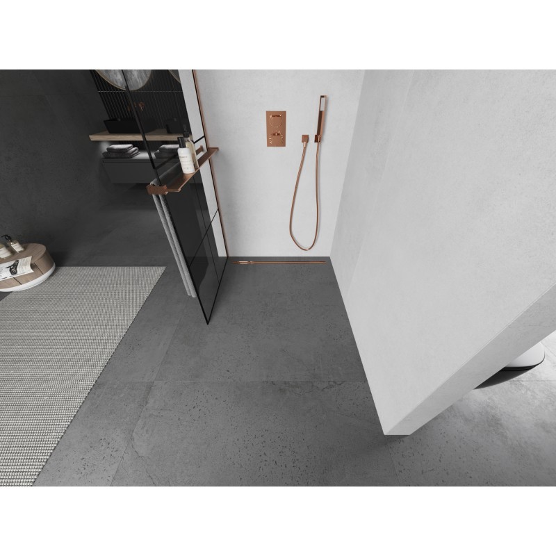 Mexen Kioto+ L ścianka prysznicowa z półką Walk-in 90 x 200 cm, czarna kratka, miedź szczotkowana - 800-090-123-65-77
