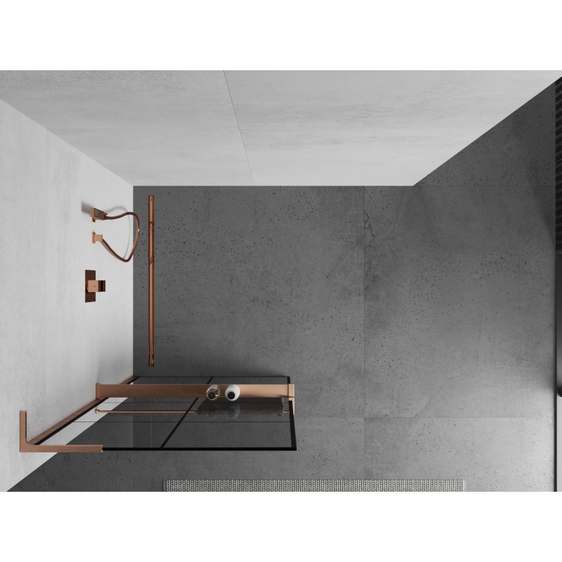 Mexen Kioto+ L ścianka prysznicowa z półką Walk-in 90 x 200 cm, czarna kratka, miedź szczotkowana - 800-090-123-65-77