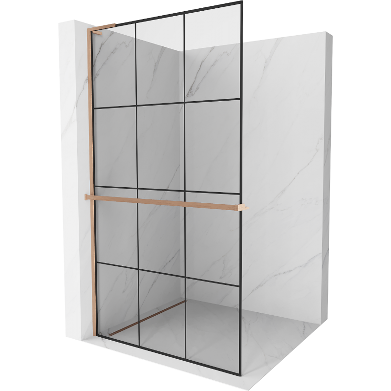 Mexen Kioto+ L ścianka prysznicowa z półką Walk-in 100 x 200 cm, czarna kratka, miedź szczotkowana - 800-100-123-65-77