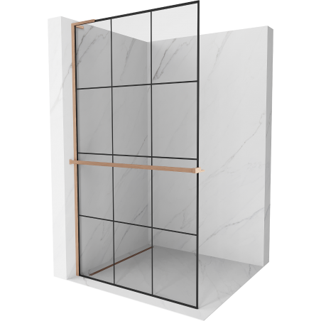 Mexen Kioto+ L ścianka prysznicowa z półką Walk-in 100 x 200 cm, czarna kratka, miedź szczotkowana - 800-100-123-65-77