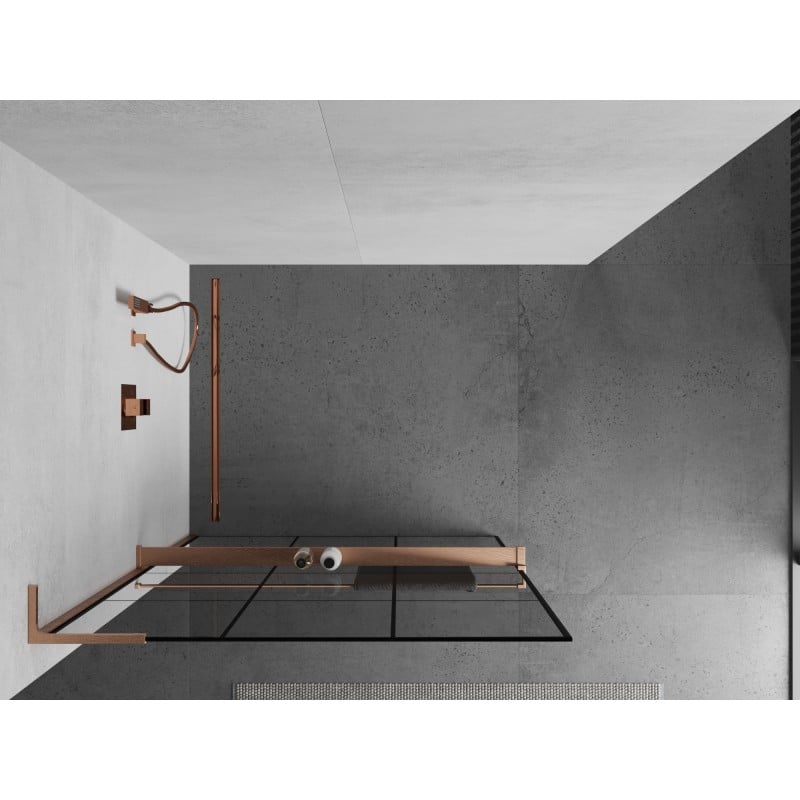 Mexen Kioto+ L ścianka prysznicowa z półką Walk-in 120 x 200 cm, czarna kratka, miedź szczotkowana - 800-120-123-65-77