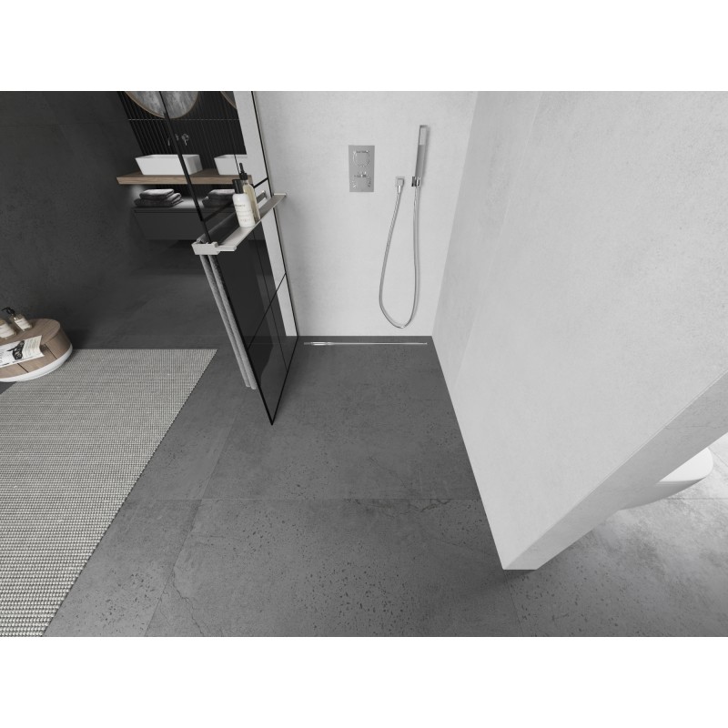 Mexen Kioto+ L ścianka prysznicowa z półką Walk-in 90 x 200 cm, czarna kratka, nikiel szczotkowany - 800-090-123-97-77