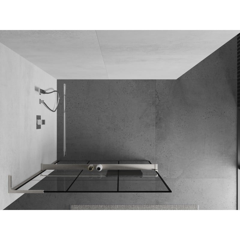 Mexen Kioto+ L ścianka prysznicowa z półką Walk-in 110 x 200 cm, czarna kratka, nikiel szczotkowany - 800-110-123-97-77