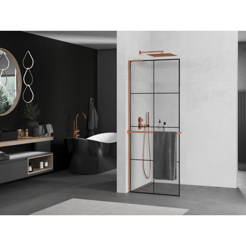 Mexen Kioto+ L ścianka prysznicowa z półką Walk-in 70 x 200 cm, czarna kratka, różowe złoto - 800-070-123-60-77