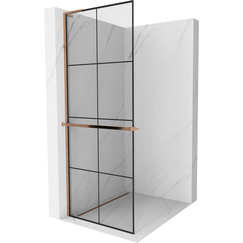 Mexen Kioto+ L ścianka prysznicowa z półką Walk-in 70 x 200 cm, czarna kratka, różowe złoto - 800-070-123-60-77