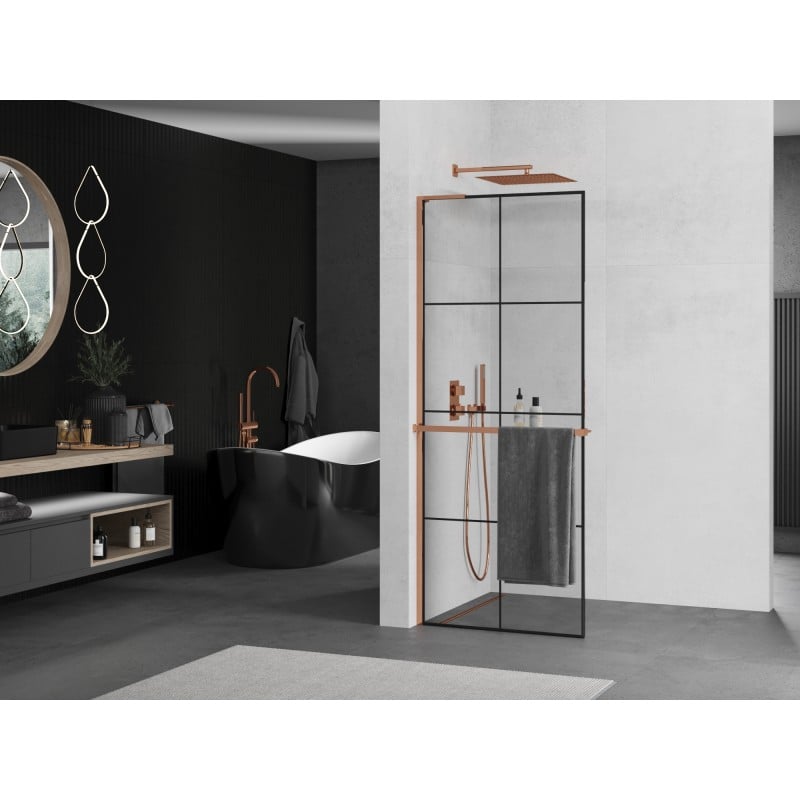 Mexen Kioto+ L ścianka prysznicowa z półką Walk-in 90 x 200 cm, czarna kratka, różowe złoto - 800-090-123-60-77