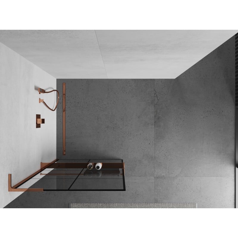 Mexen Kioto+ L ścianka prysznicowa z półką Walk-in 90 x 200 cm, czarna kratka, różowe złoto - 800-090-123-60-77
