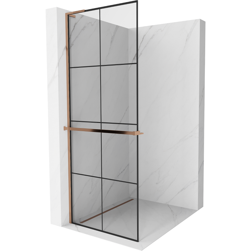 Mexen Kioto+ L ścianka prysznicowa z półką Walk-in 90 x 200 cm, czarna kratka, różowe złoto - 800-090-123-60-77