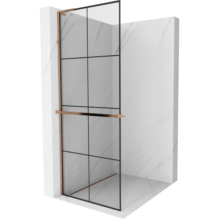 Mexen Kioto+ L ścianka prysznicowa z półką Walk-in 90 x 200 cm, czarna kratka, różowe złoto - 800-090-123-60-77