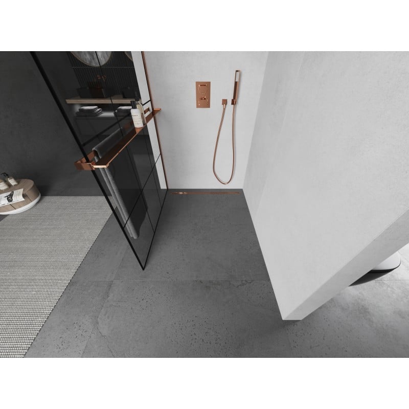 Mexen Kioto+ L ścianka prysznicowa z półką Walk-in 100 x 200 cm, czarna kratka, różowe złoto - 800-100-123-60-77