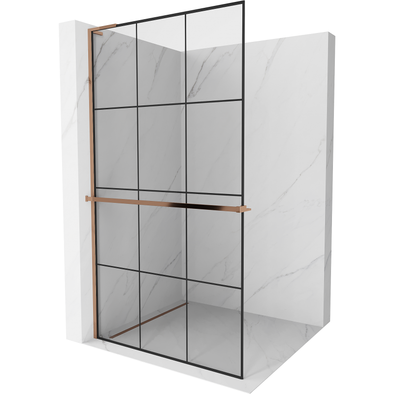 Mexen Kioto+ L ścianka prysznicowa z półką Walk-in 100 x 200 cm, czarna kratka, różowe złoto - 800-100-123-60-77